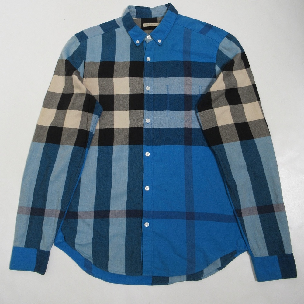 Burberry Brit Men's Check Cotton Button Down Shirt Nickel Blue Size S